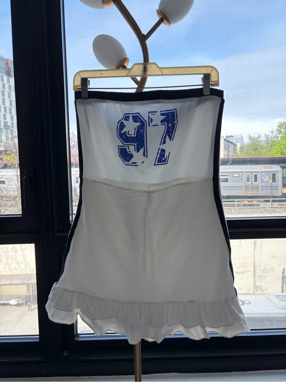 White Strapless Ruffle Hem Dress with Blue Number Graphic